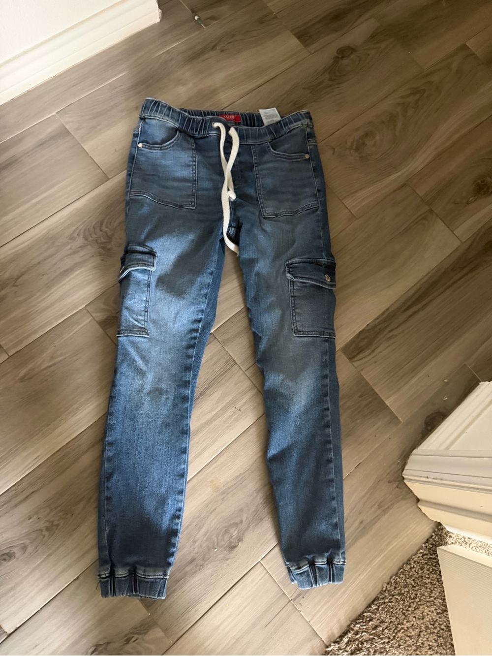 Guess Women's Blue Cargo Jogger Jeans with Drawstring